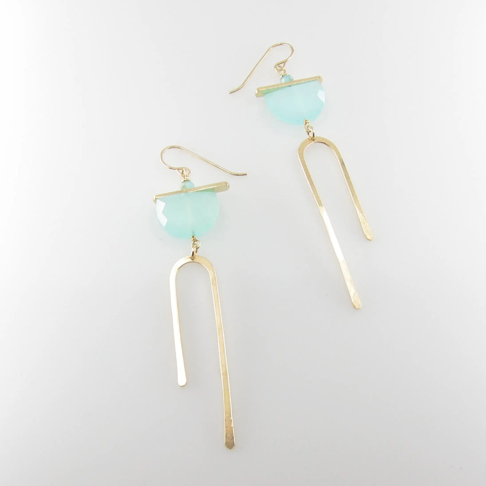Forged Asymmetrical Arch Earring with Aqua Chalcedony Half-Moon Gemstone J.Mills Studio