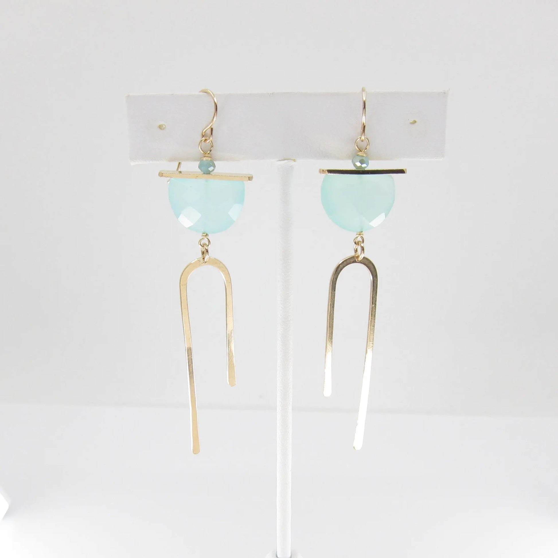 Forged Asymmetrical Arch Earring with Aqua Chalcedony Half-Moon Gemstone J.Mills Studio