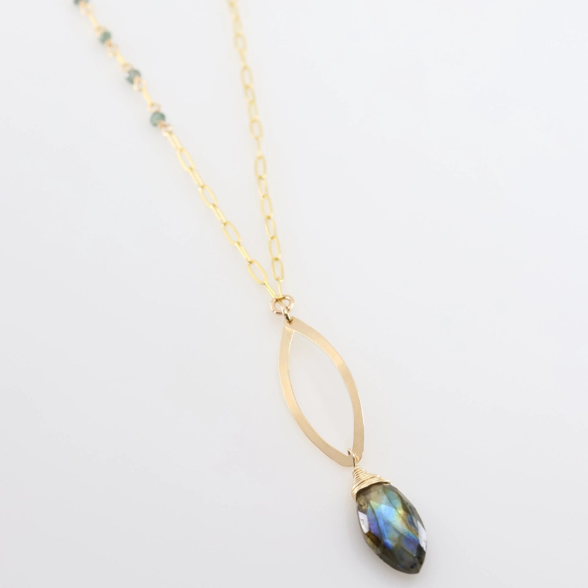 Forged Marquis Pendant Necklace with Labradorite and Australian Sapphire J.Mills Studio