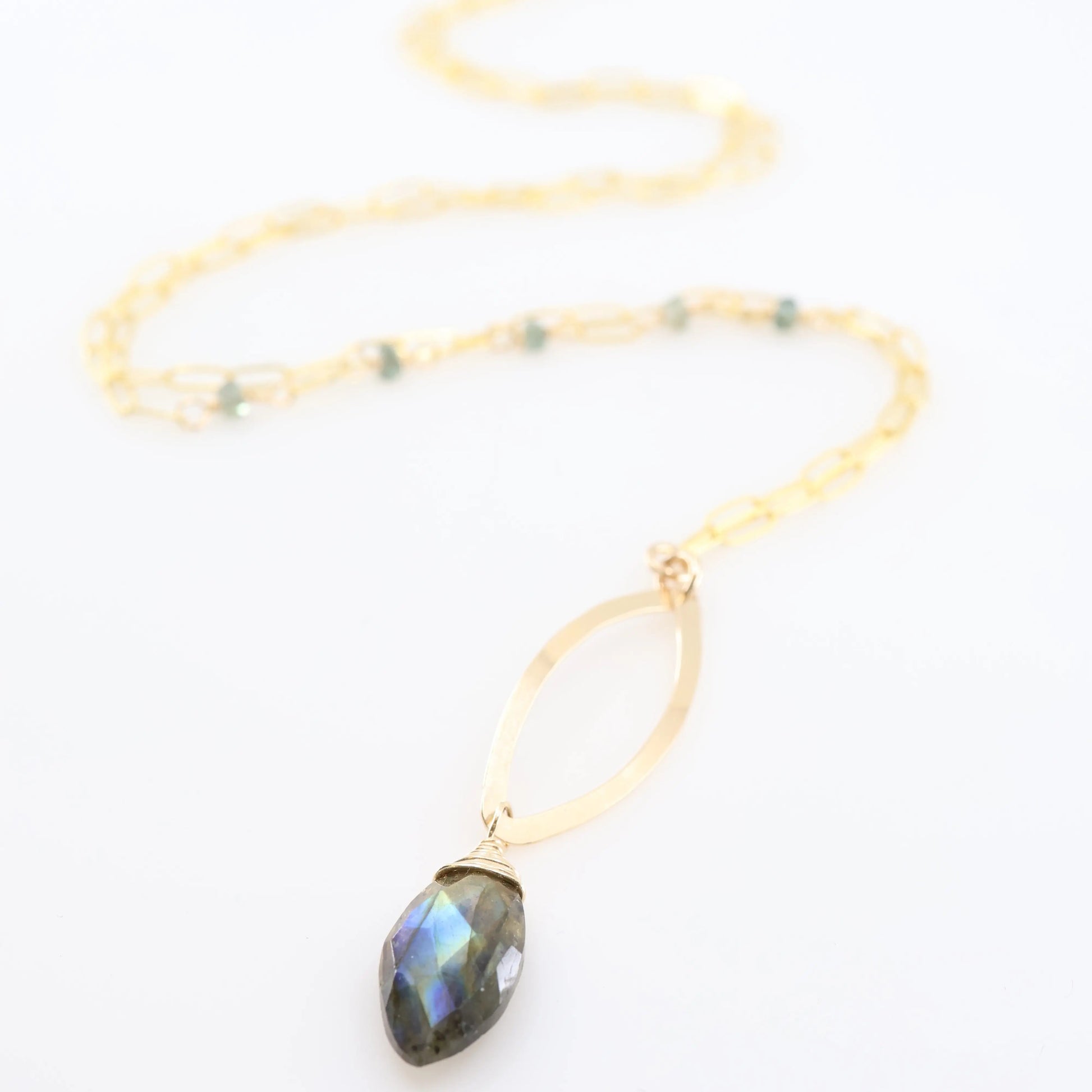 Forged Marquis Pendant Necklace with Labradorite and Australian Sapphire J.Mills Studio