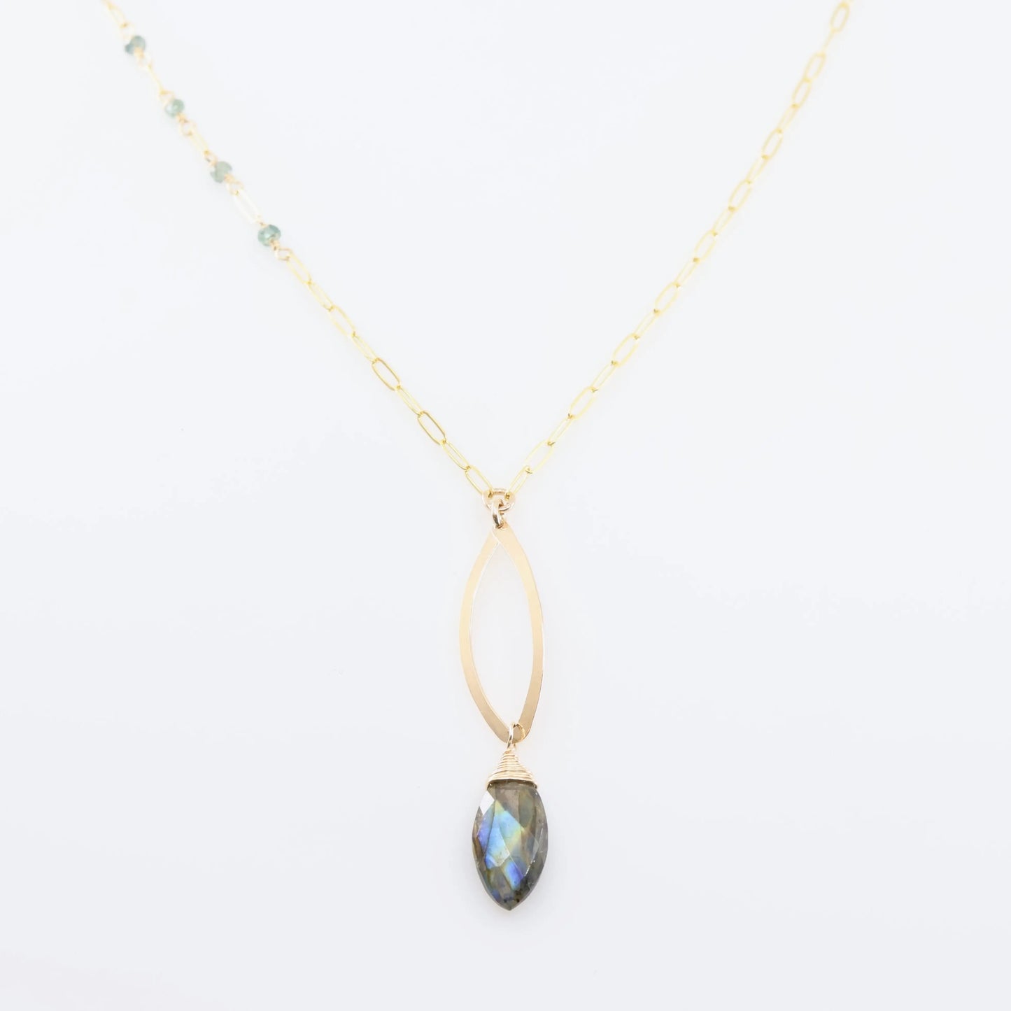 Forged Marquis Pendant Necklace with Labradorite and Australian Sapphire J.Mills Studio