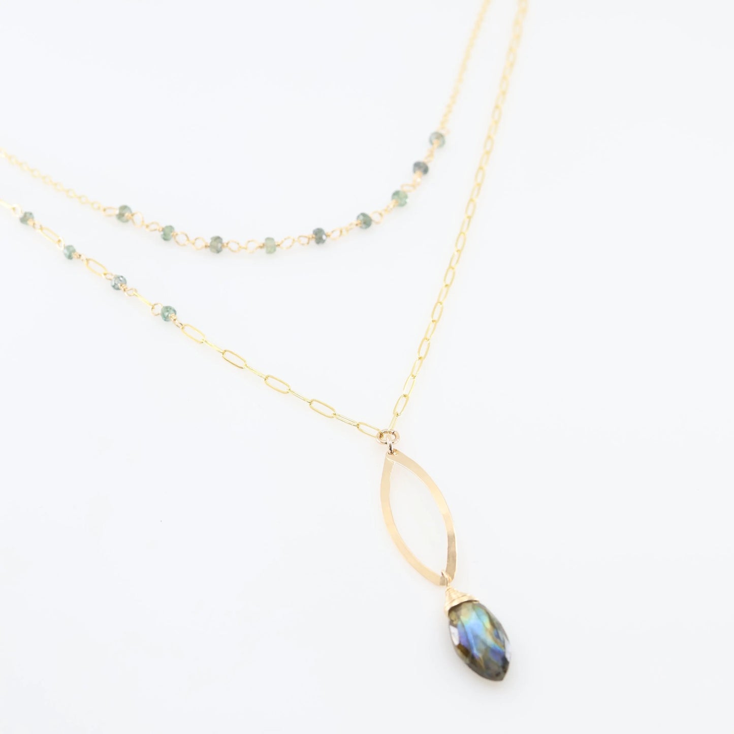 Forged Marquis Pendant Necklace with Labradorite and Australian Sapphire J.Mills Studio