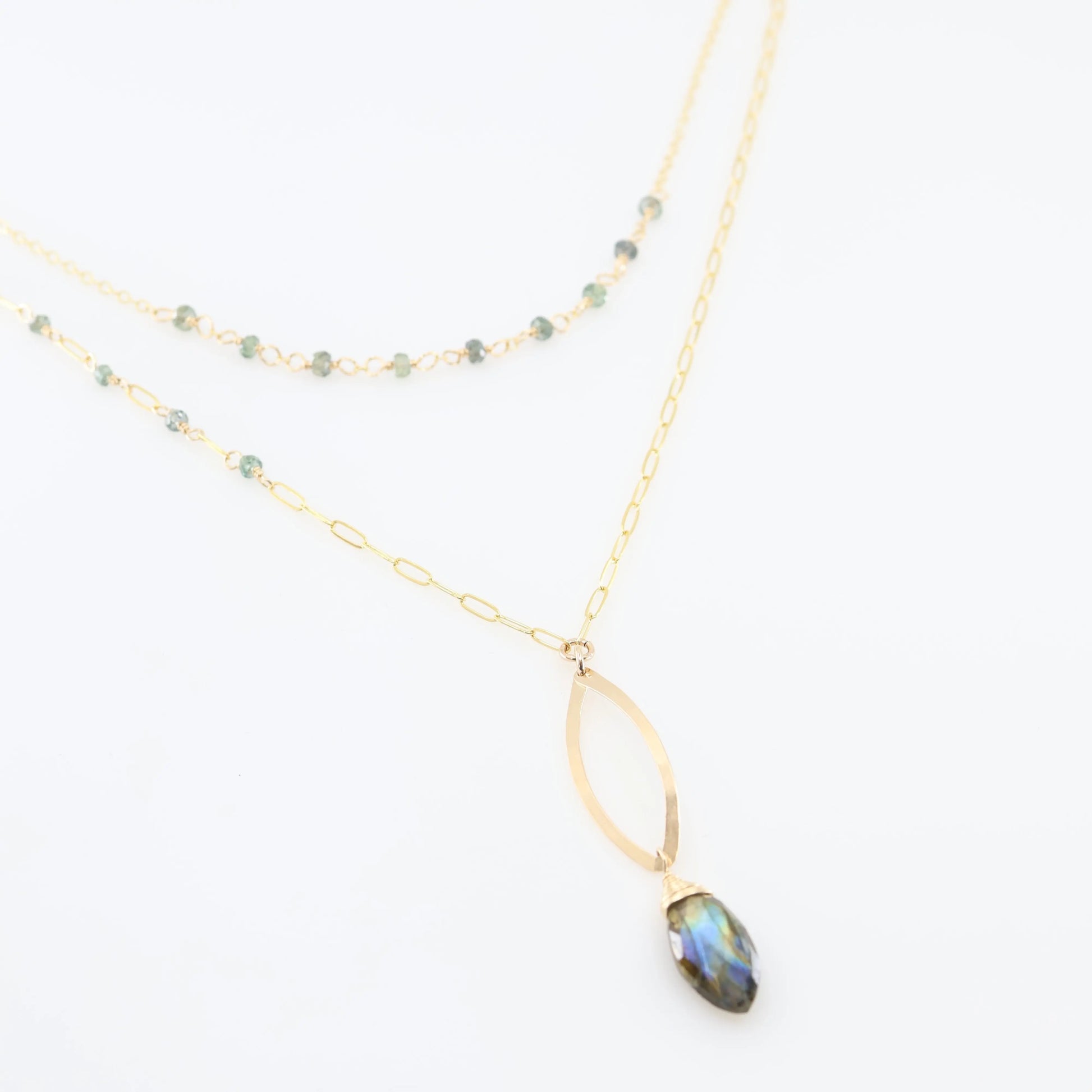 Forged Marquis Pendant Necklace with Labradorite and Australian Sapphire J.Mills Studio