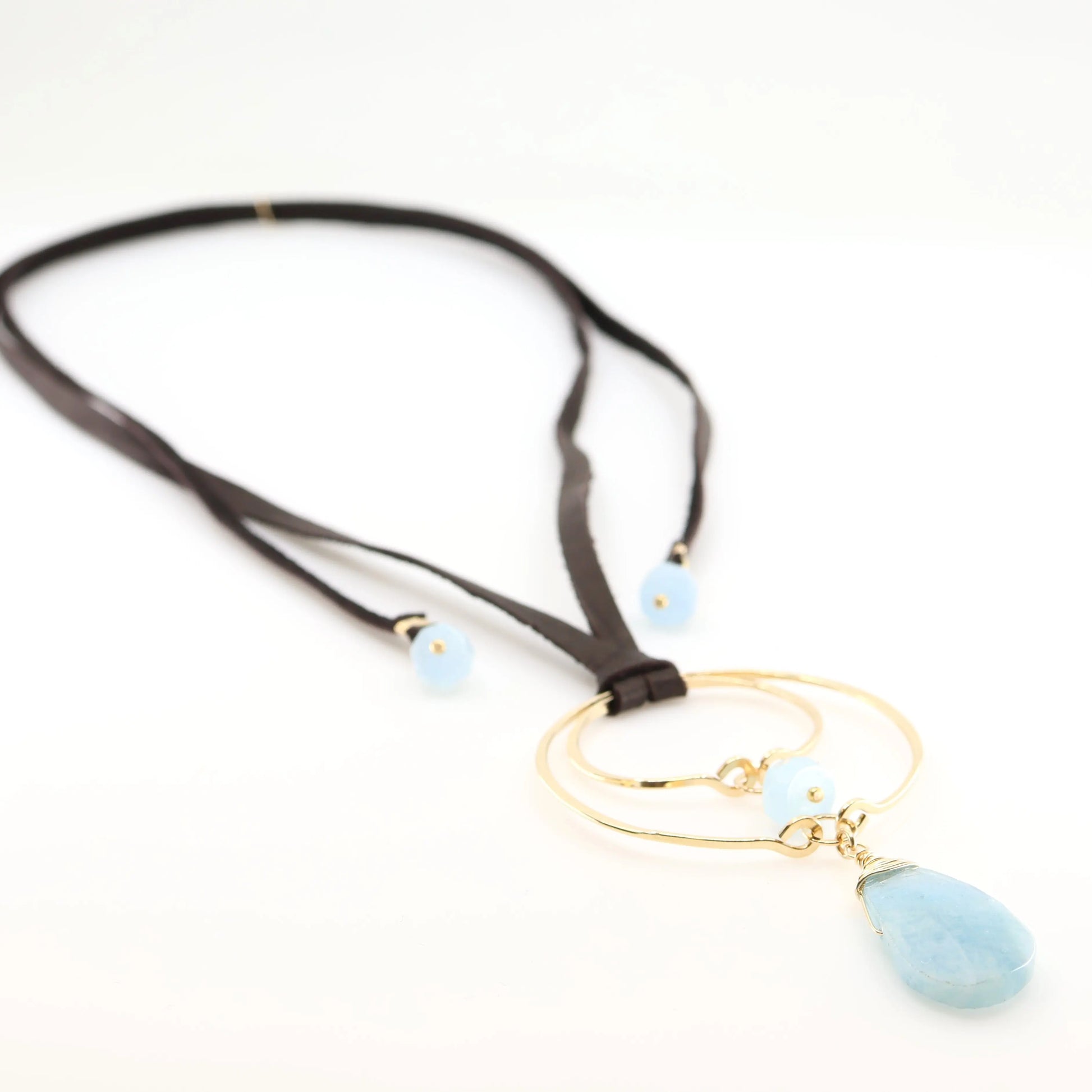 Forged Double Oval & Leather Necklace with Milky Aquamarine J.Mills Studio