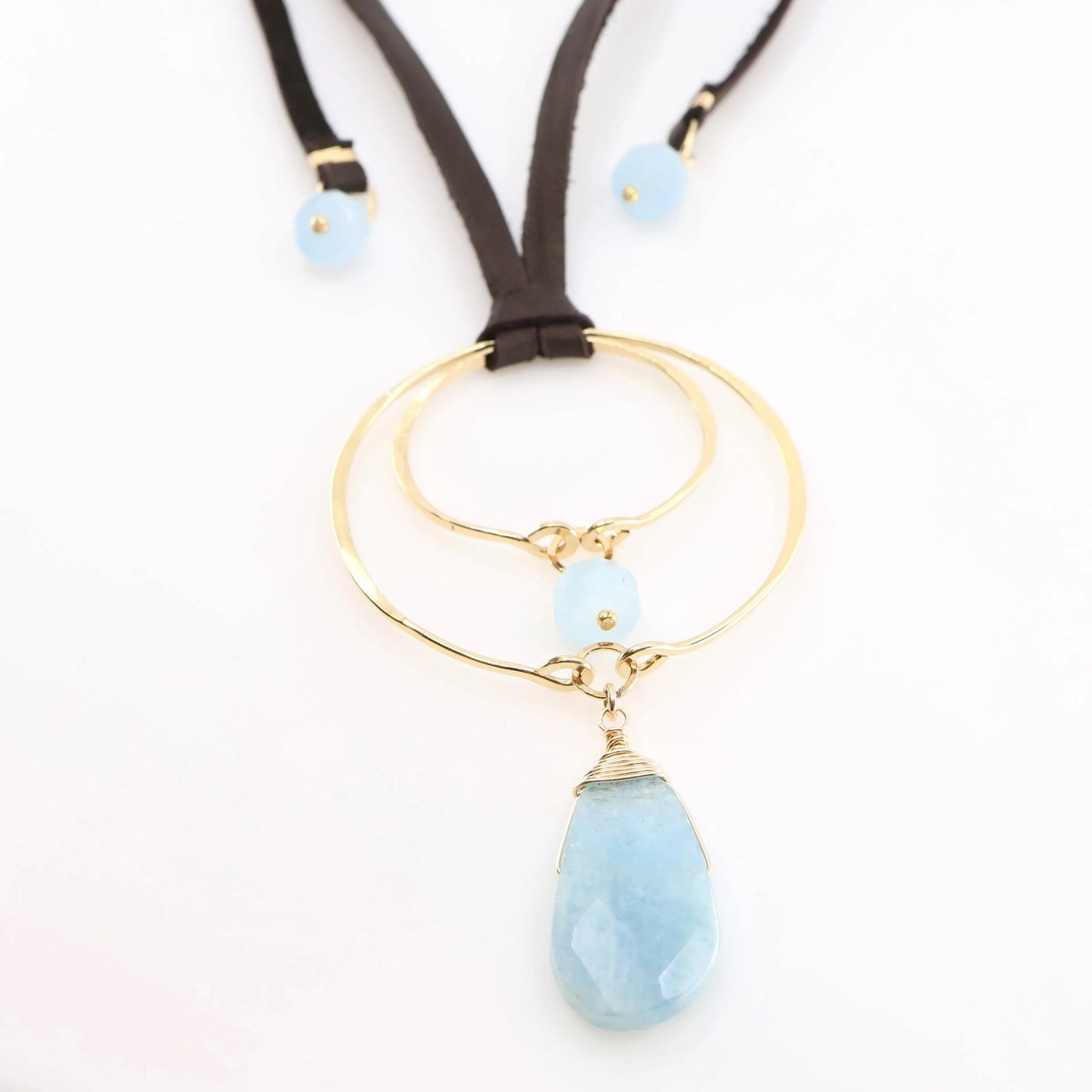 Forged Double Oval & Leather Necklace with Milky Aquamarine J.Mills Studio
