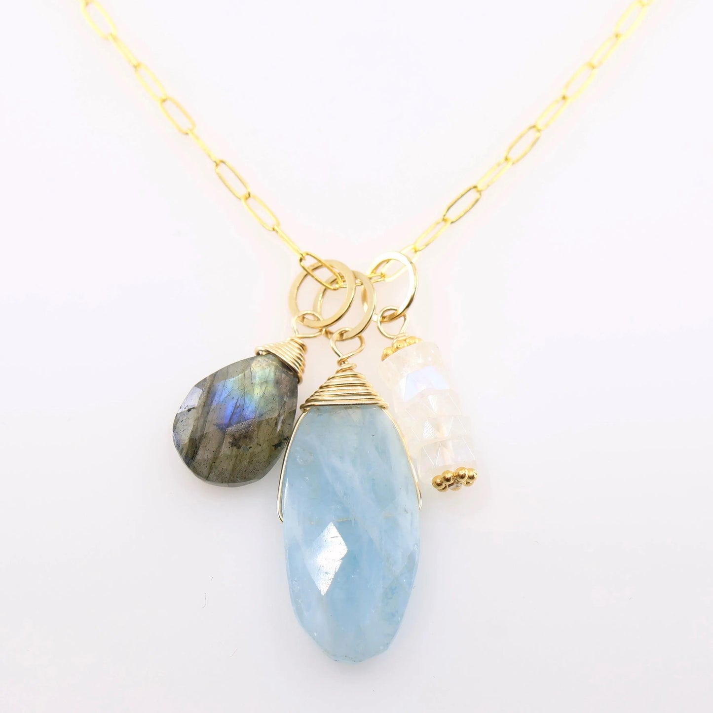 New Milky Aquamarine, Rainbow Moonstone & Labradorite Gemstone Charm Necklace J.Mills Studio