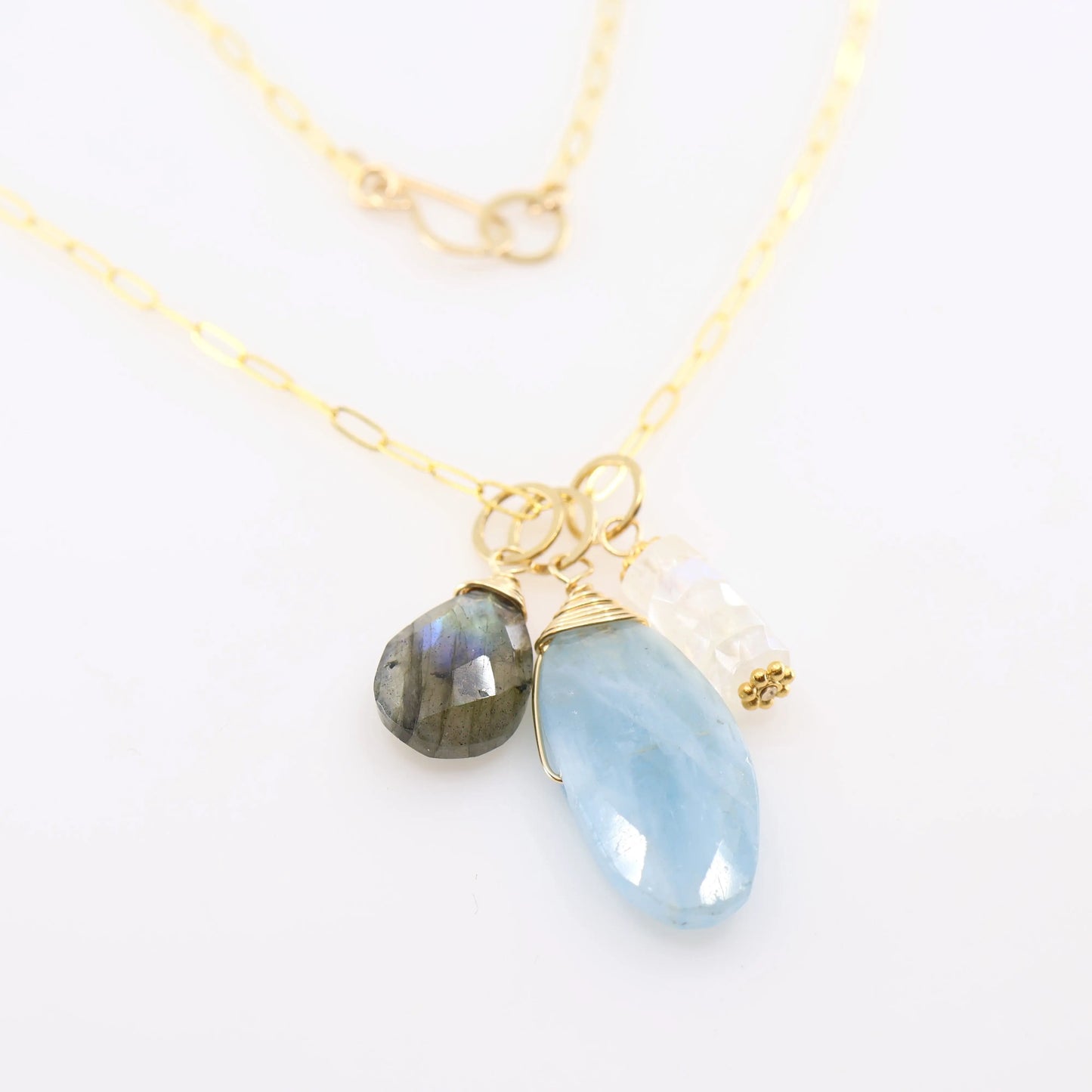 New Milky Aquamarine, Rainbow Moonstone & Labradorite Gemstone Charm Necklace J.Mills Studio