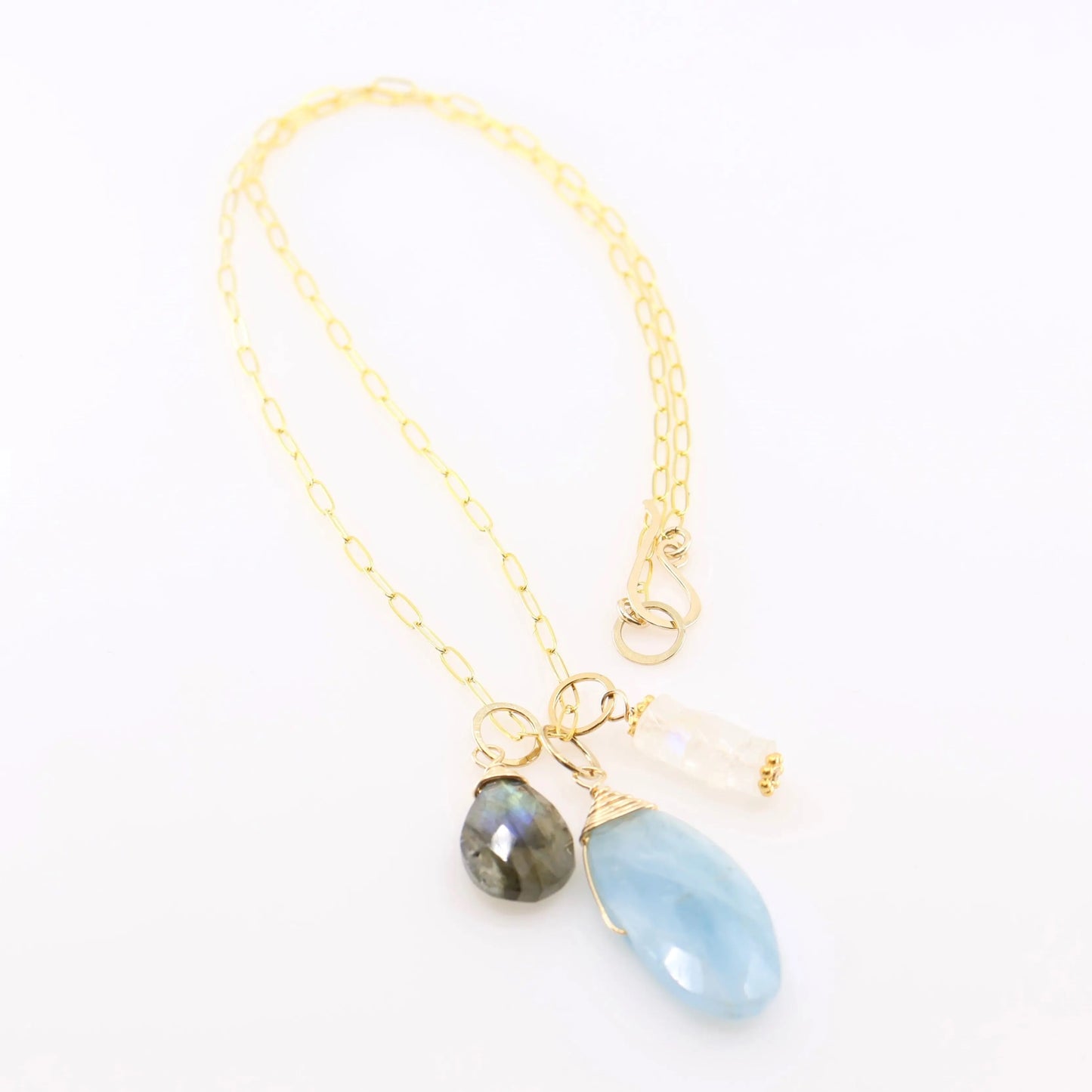 New Milky Aquamarine, Rainbow Moonstone & Labradorite Gemstone Charm Necklace J.Mills Studio