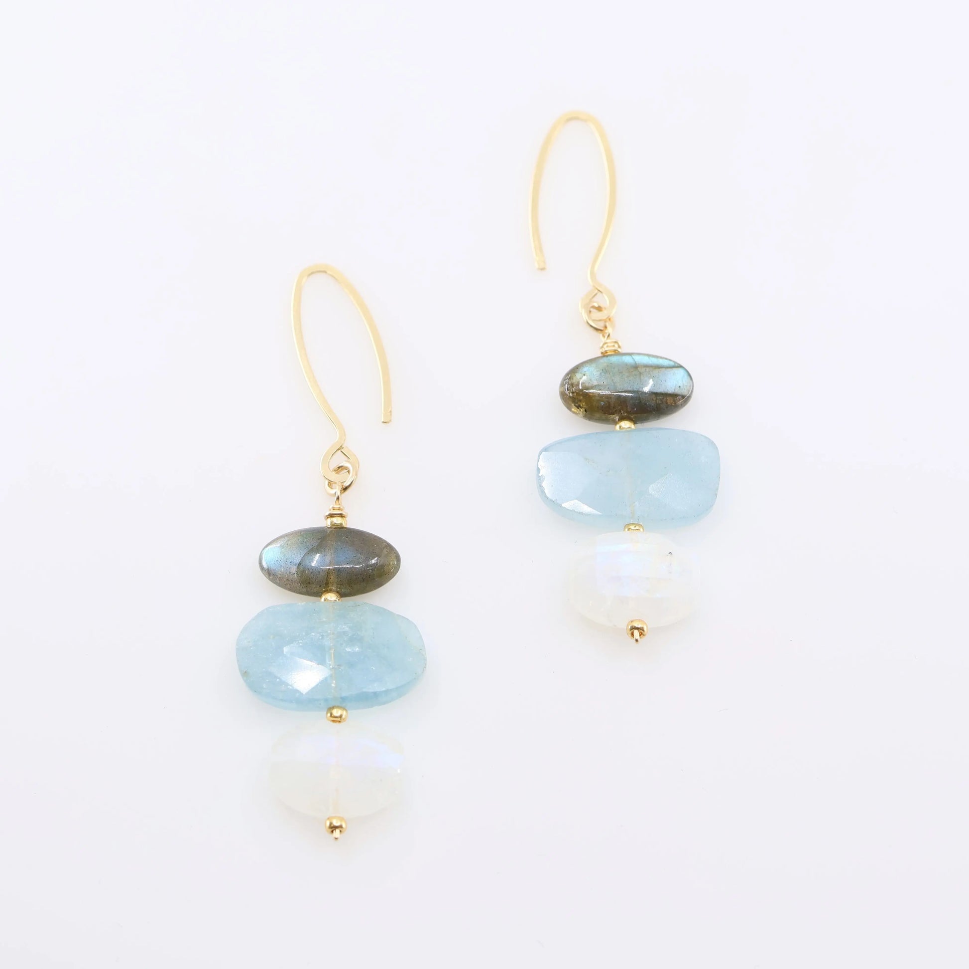 Milky Aquamarine, Rainbow Moonstone and Labradorite Gemstone Stack on Forged Earwire J. Mills Studio