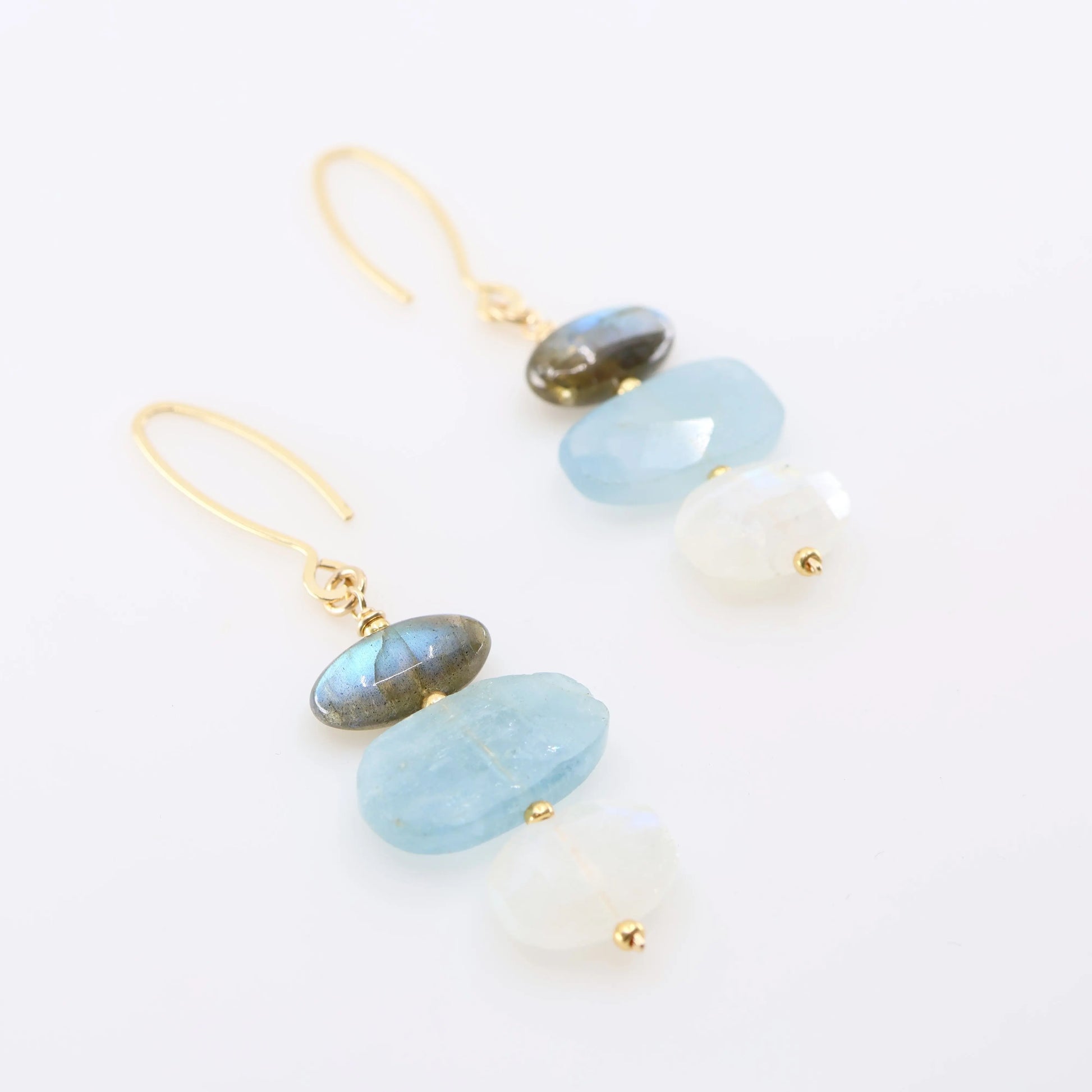 Milky Aquamarine, Rainbow Moonstone and Labradorite Gemstone Stack on Forged Earwire J. Mills Studio