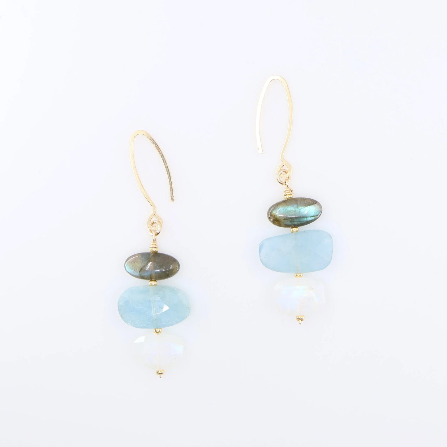 Milky Aquamarine, Rainbow Moonstone and Labradorite Gemstone Stack on Forged Earwire J. Mills Studio