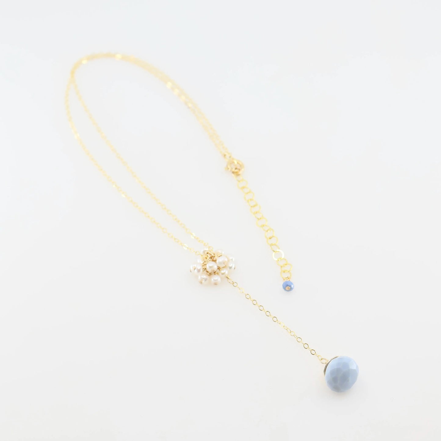 Delicate "Y" Shape Necklace with Mini Pearl Cluster and Blue Opal J.Mills Studio