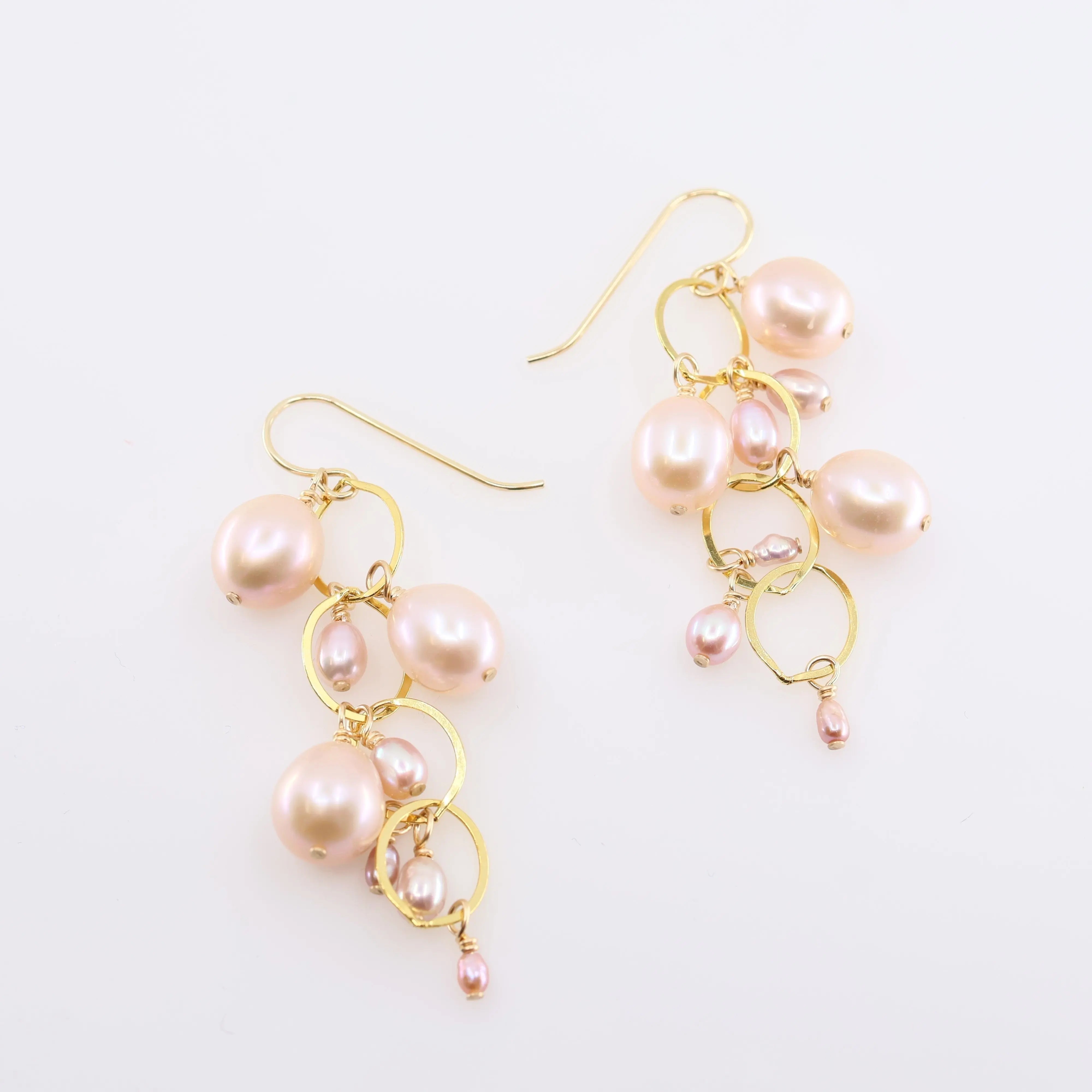 Salmon, Pink & White factory Pearl Cascade Earrings with 18k filled Gold.