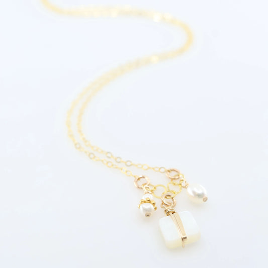 Small Gemstone Cascade Necklace with Square Cut Mother of Pearl J.Mills Studio