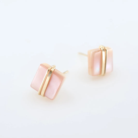 Pink Mother of Pearl Square Stud Earrings with Forged Accents J.Mills Studio