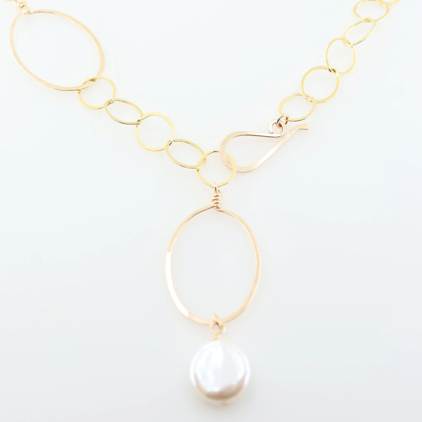 20" Forged Oval and Chain Necklace with Coin Pearl Drop J.Mills Studio