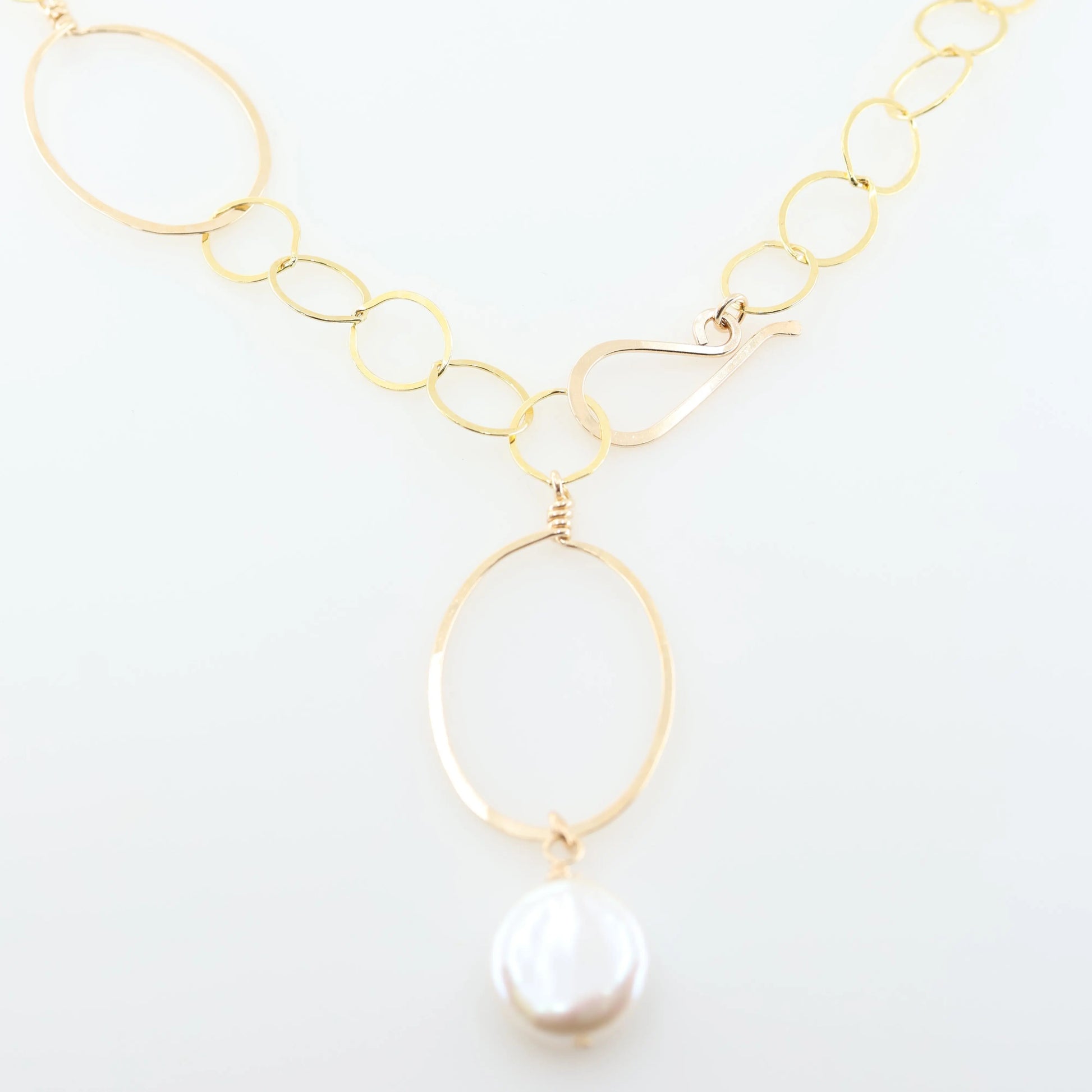 20" Forged Oval and Chain Necklace with Coin Pearl Drop J.Mills Studio