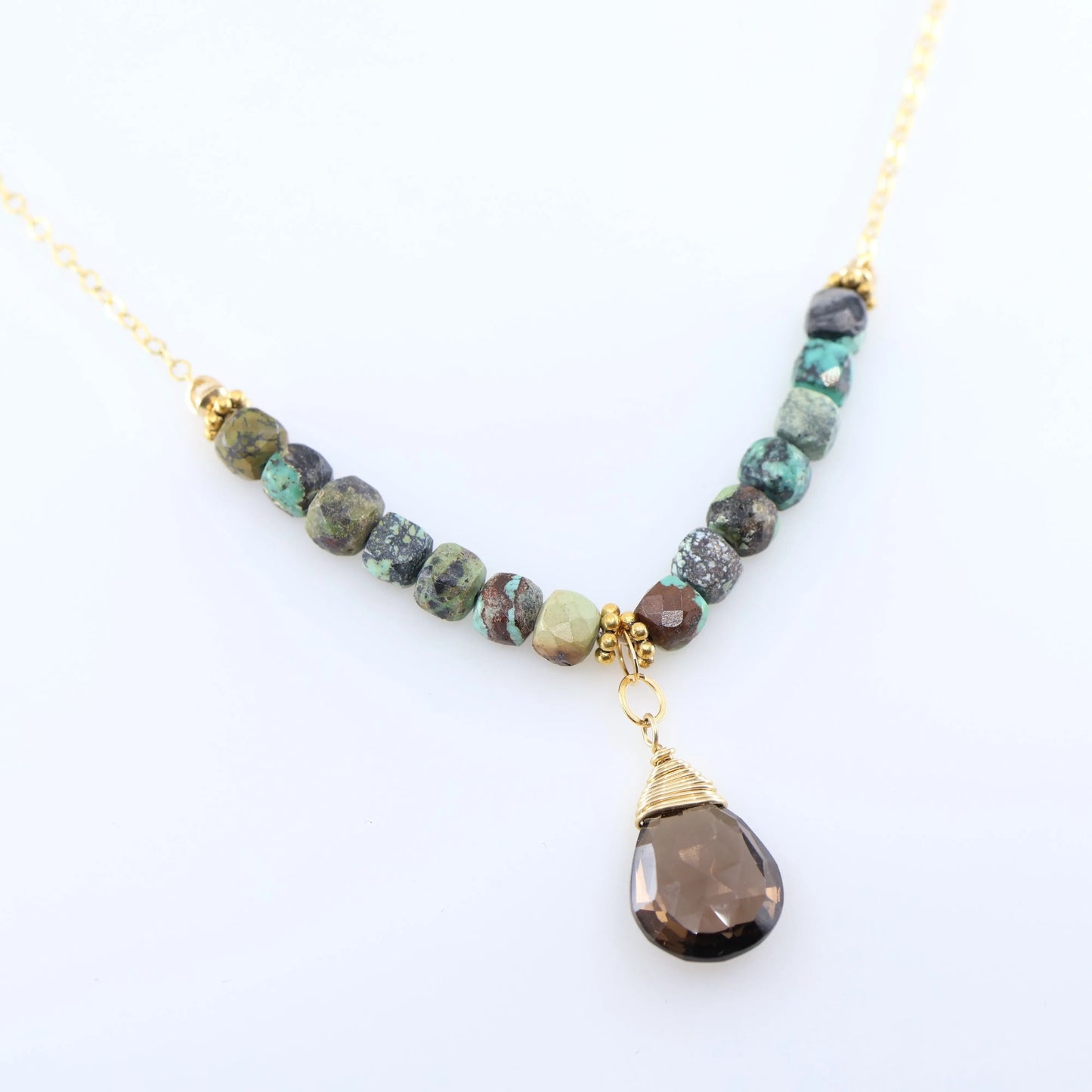 Green Turquoise and Smoky Quartz Teardrop Necklace J.Mills Studio