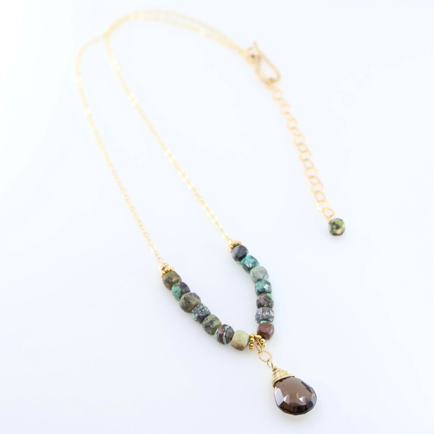 Green Turquoise and Smoky Quartz Teardrop Necklace J.Mills Studio