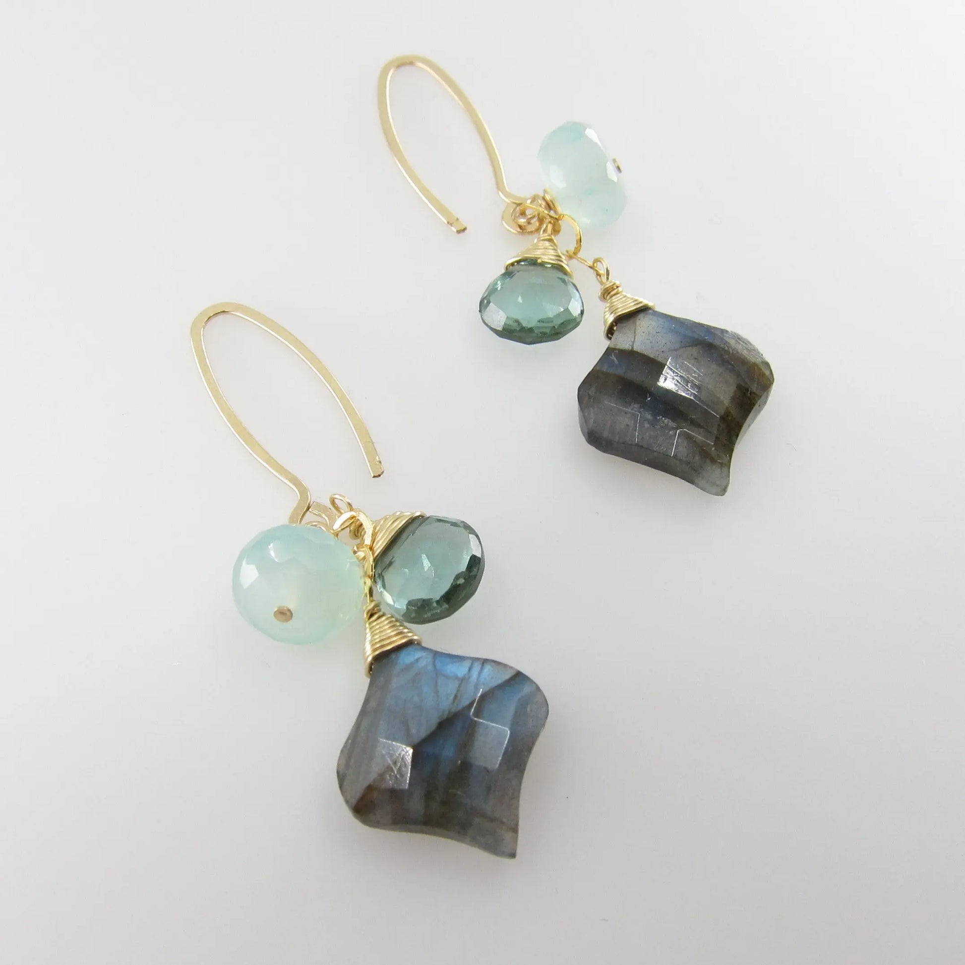 Fancy Cut Labradorite, Aqua Chalcedony and Indicolite Earrings J. Mills Studio