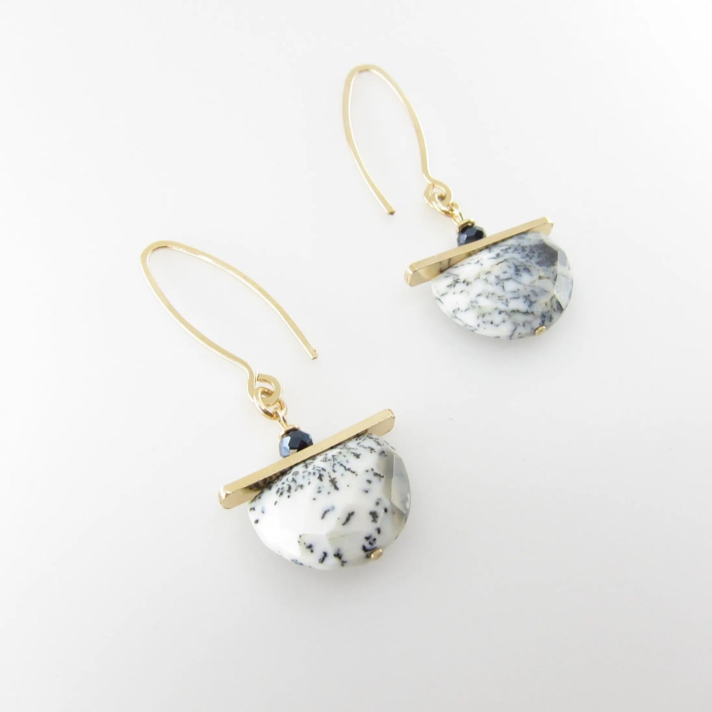 Dendrite Opal Half Moon Cut Gemstone Earrings with Forged Bar Accent J.Mills Studio