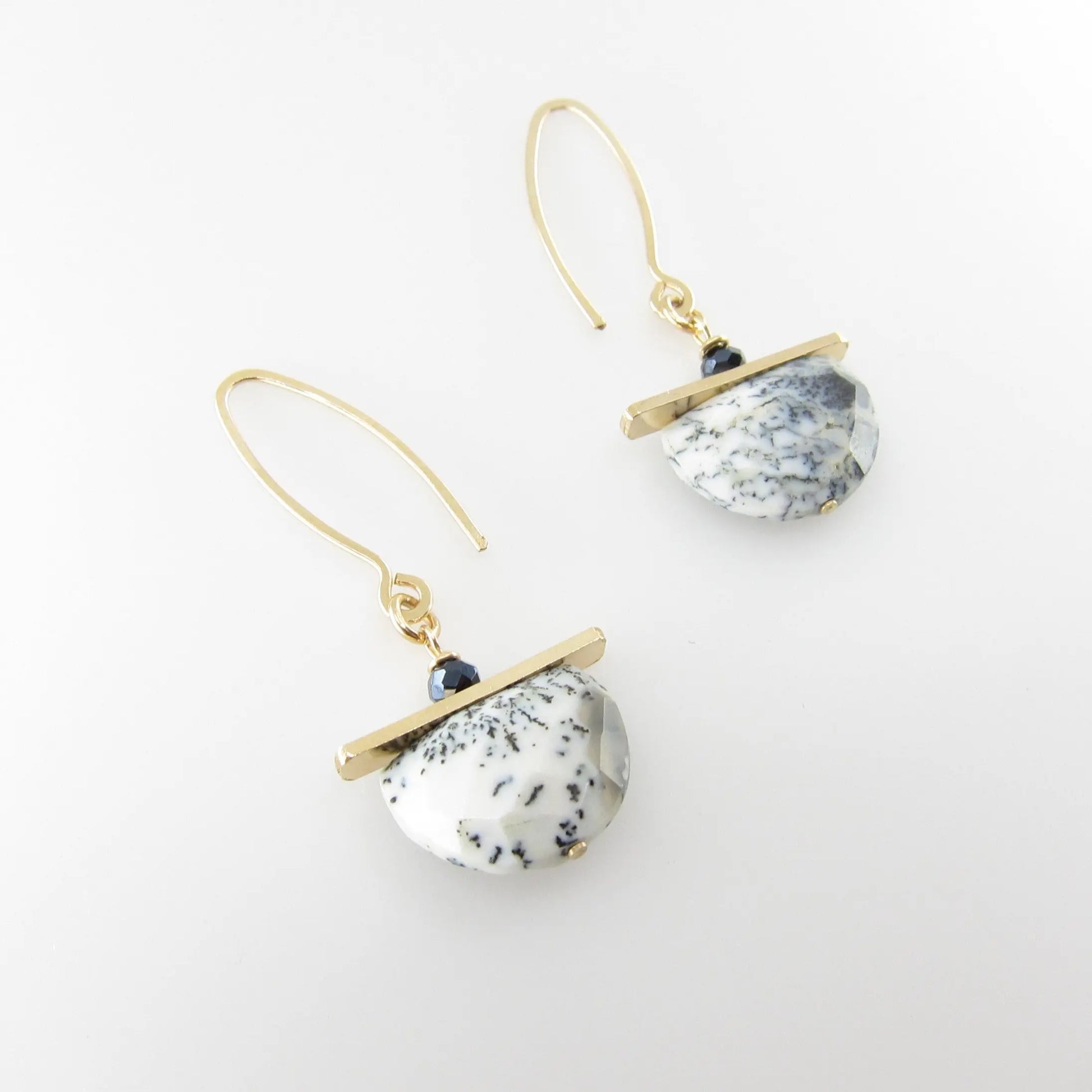 Dendrite Opal Half Moon Cut Gemstone Earrings with Forged Bar Accent J.Mills Studio