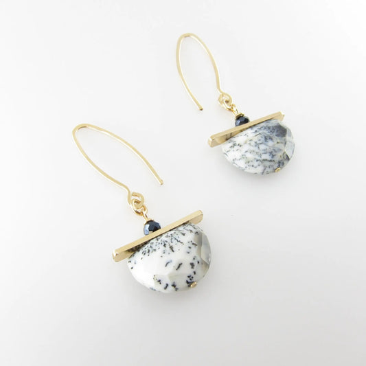 Dendrite Opal Half Moon Cut Gemstone Earrings with Forged Bar Accent J.Mills Studio