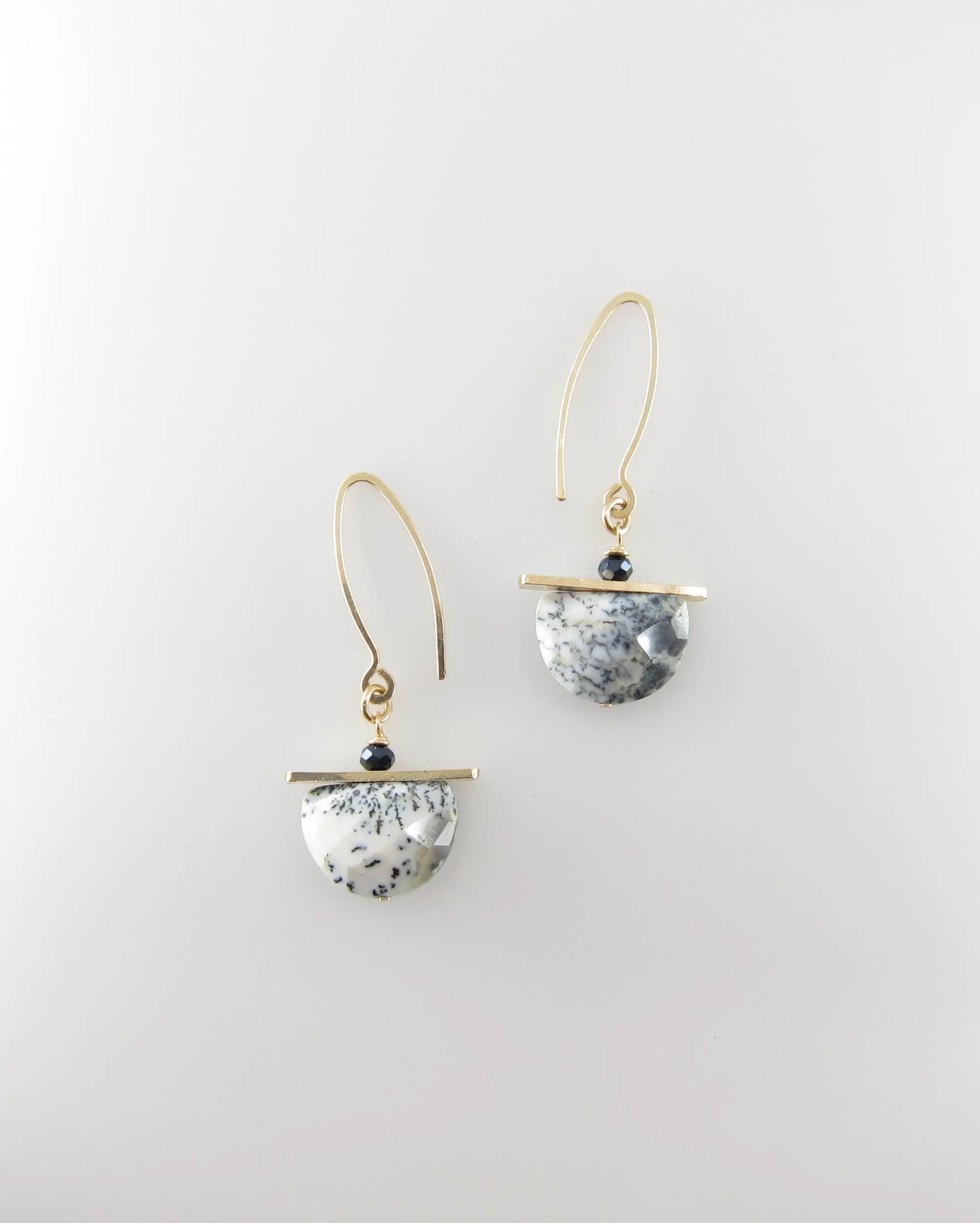 Dendrite Opal Half Moon Cut Gemstone Earrings with Forged Bar Accent J.Mills Studio