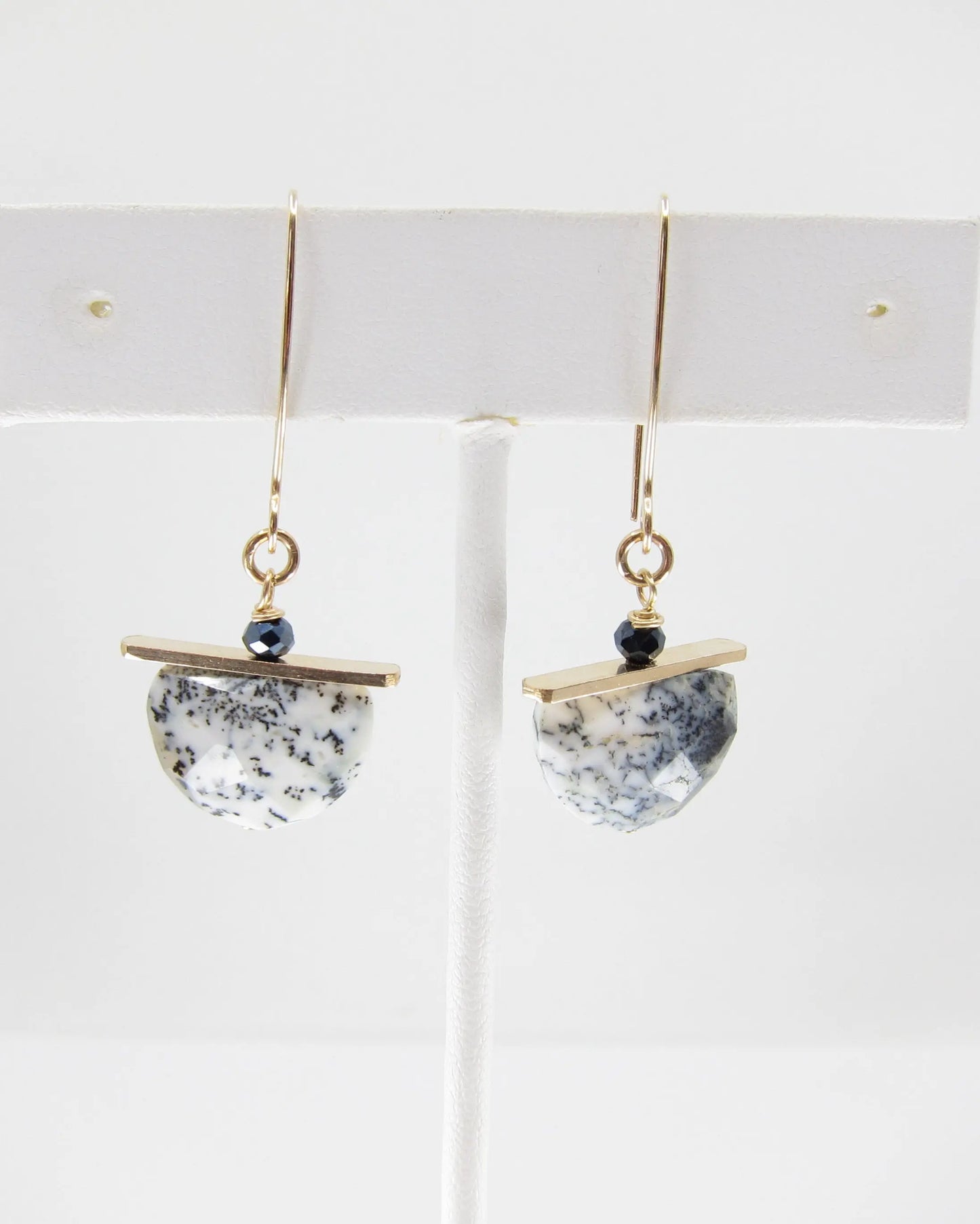 Dendrite Opal Half Moon Cut Gemstone Earrings with Forged Bar Accent J.Mills Studio