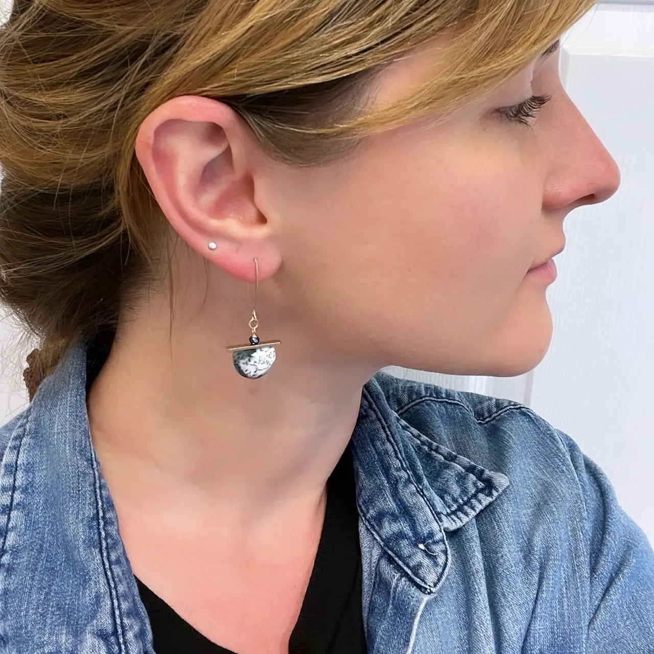 Dendrite Opal Half Moon Cut Gemstone Earrings with Forged Bar Accent J.Mills Studio