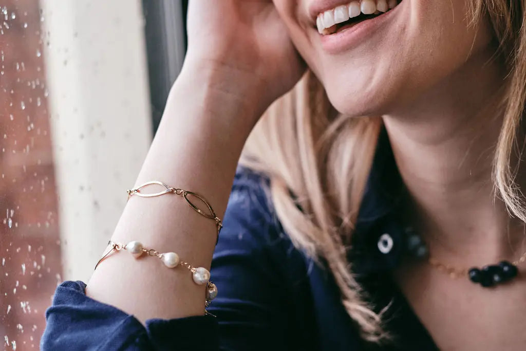 Forged Marquis Link and Baby Baroque Pearl Toggle Clasp Bracelet