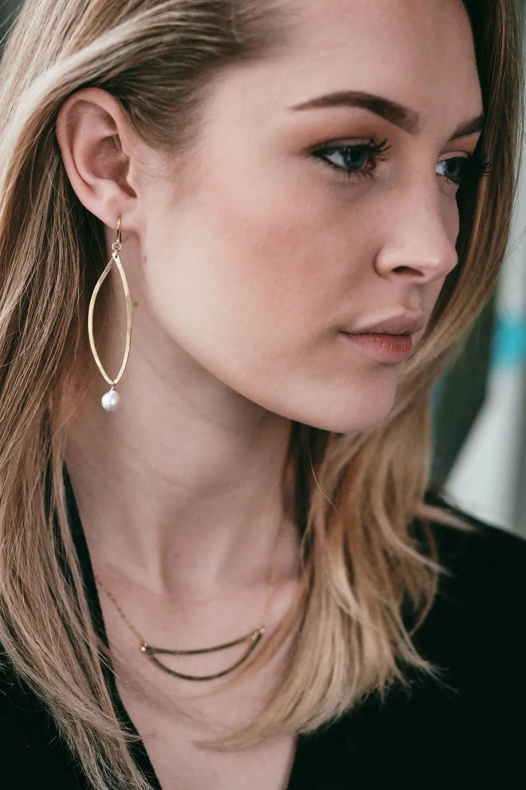 Forged 14k Gold Filled Curved Marquis Link Earring with Baby Baroque Pearl Drop