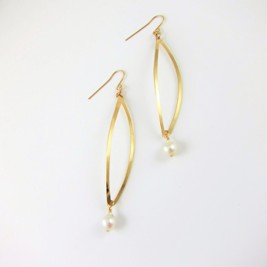 Forged 14k Gold Filled Curved Marquis Link Earring with Baby Baroque Pearl Drop