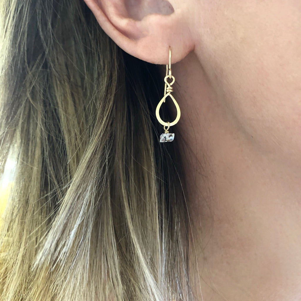 Tiny Forged Teardrop Earring with Herkimer Diamond Drop