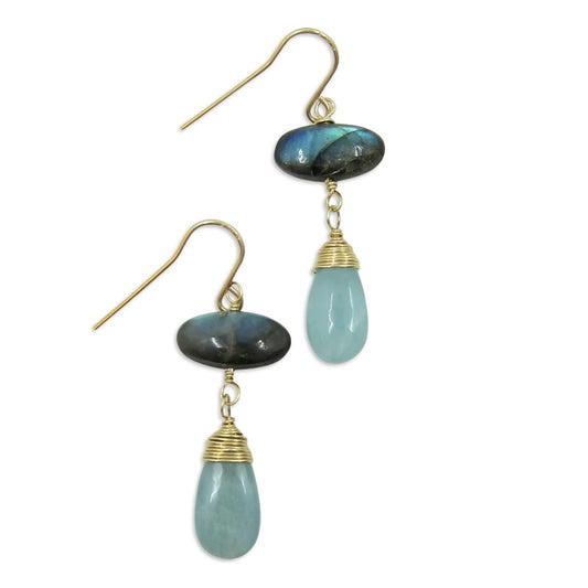 Oval Labradorite & Milky Aquamarine Teardrop Earrings