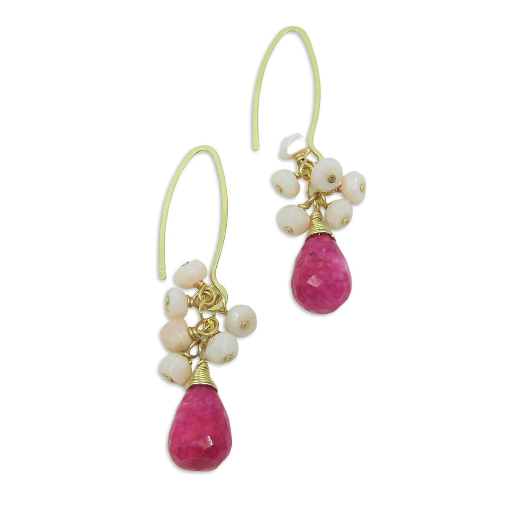 Ruby Moonstone Earrings with Pink Opal Cluster