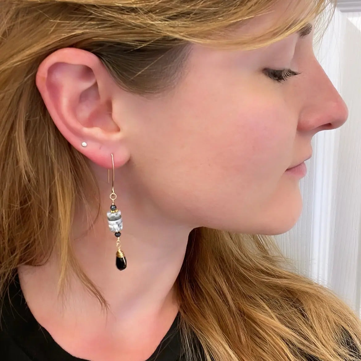 Dendrite Opal Stack and faceted Black Spinel Earrings J.Mills Studio
