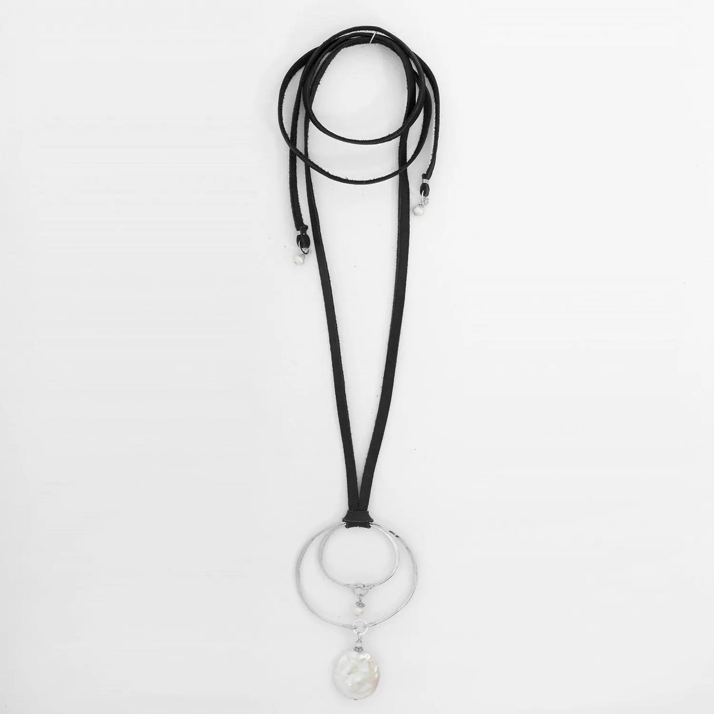 Sterling Silver Forged Double Oval Leather Necklace with Coin Pearl Pendant