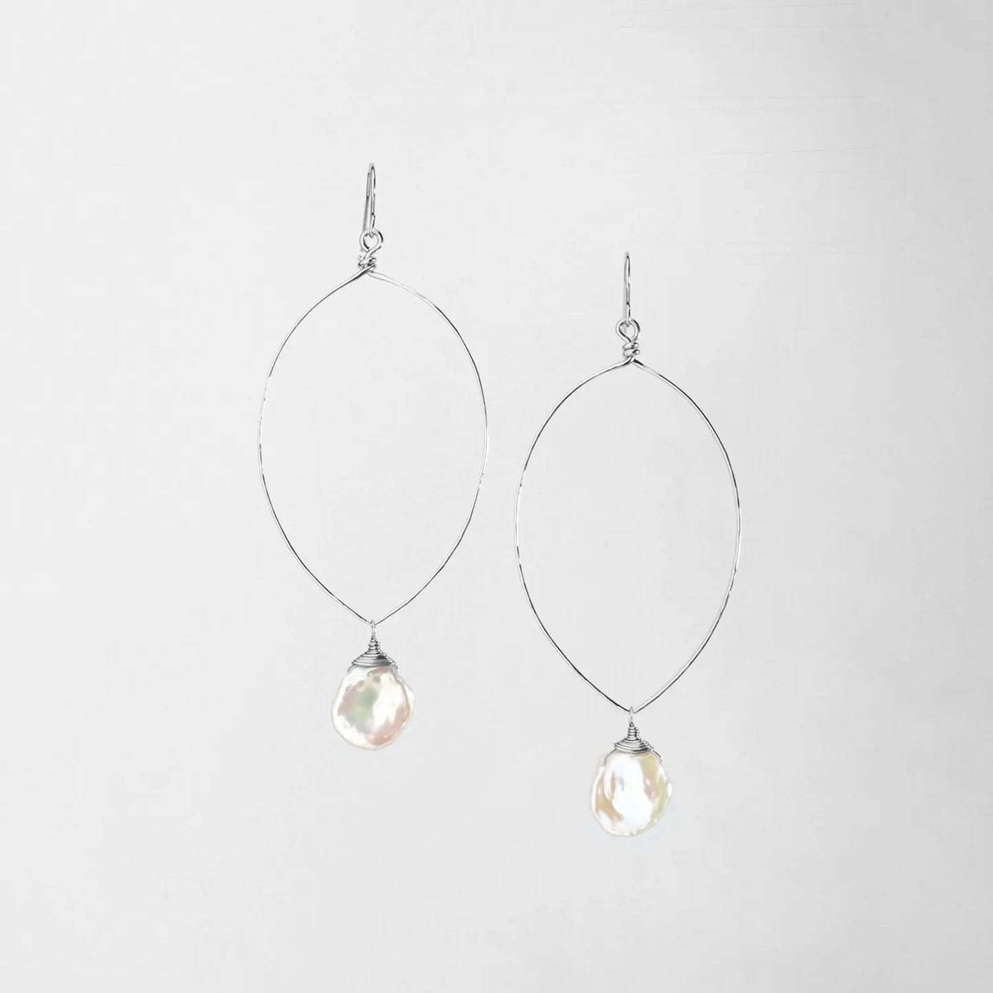 Sterling Silver Forged Marquise Shaped Earrings Keishi Pearl Drop