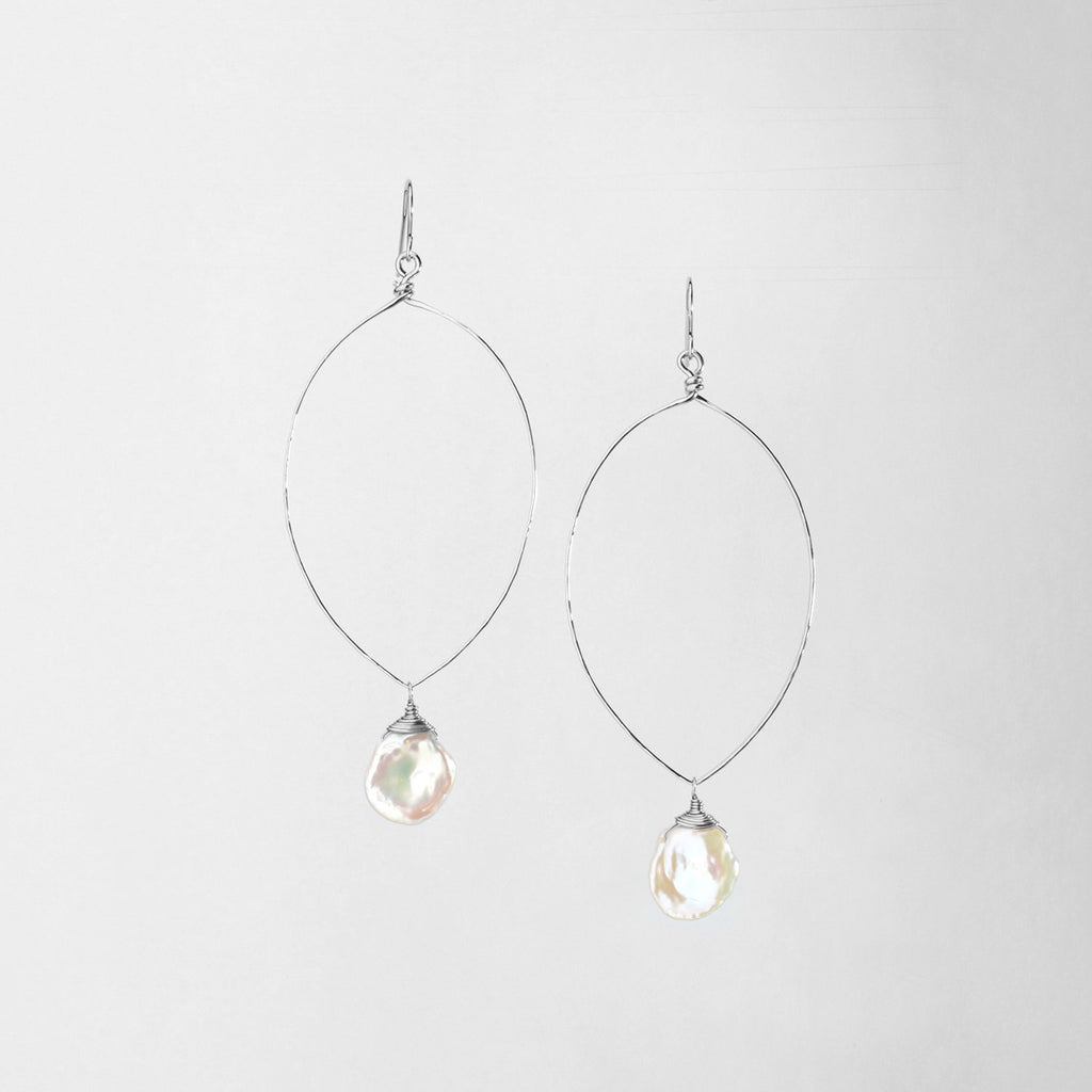 Sterling Silver Forged Marquise Shaped Earrings Keishi Pearl Drop