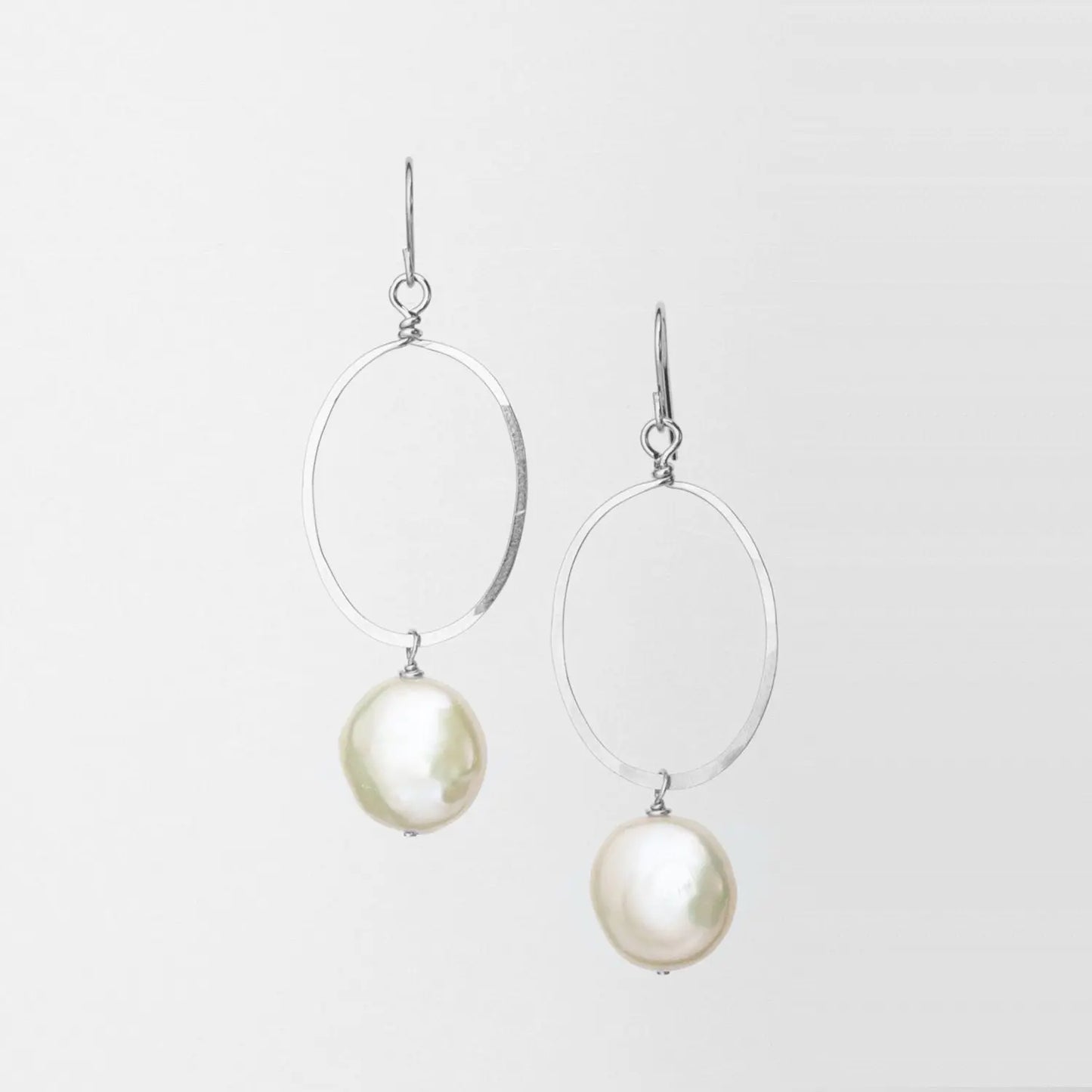 Large Sterling Silver Forged Oval Freshwater Coin Pearl Earrings