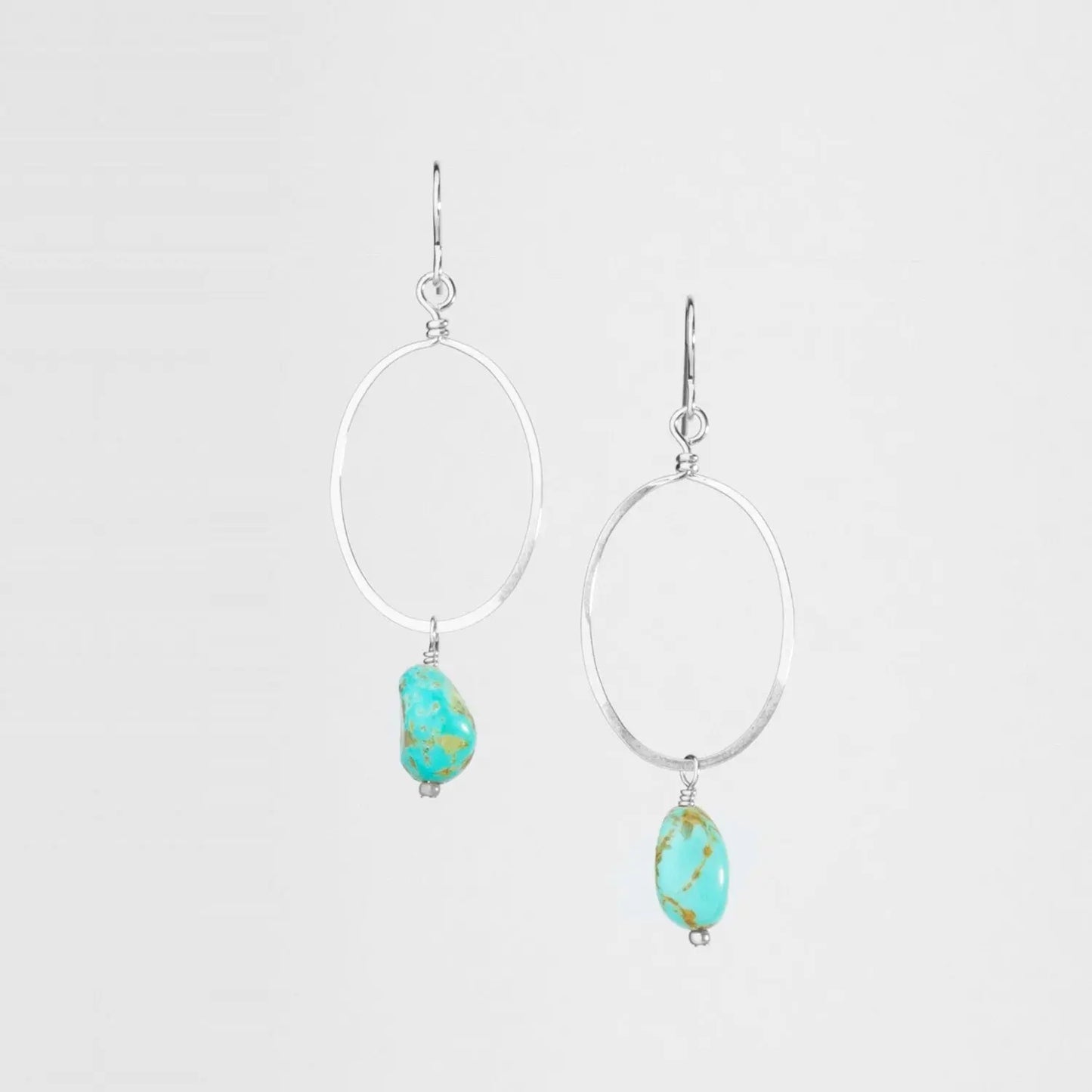 Large Sterling Silver Gold Forged Oval & Kingman Turquoise Drop Earrings