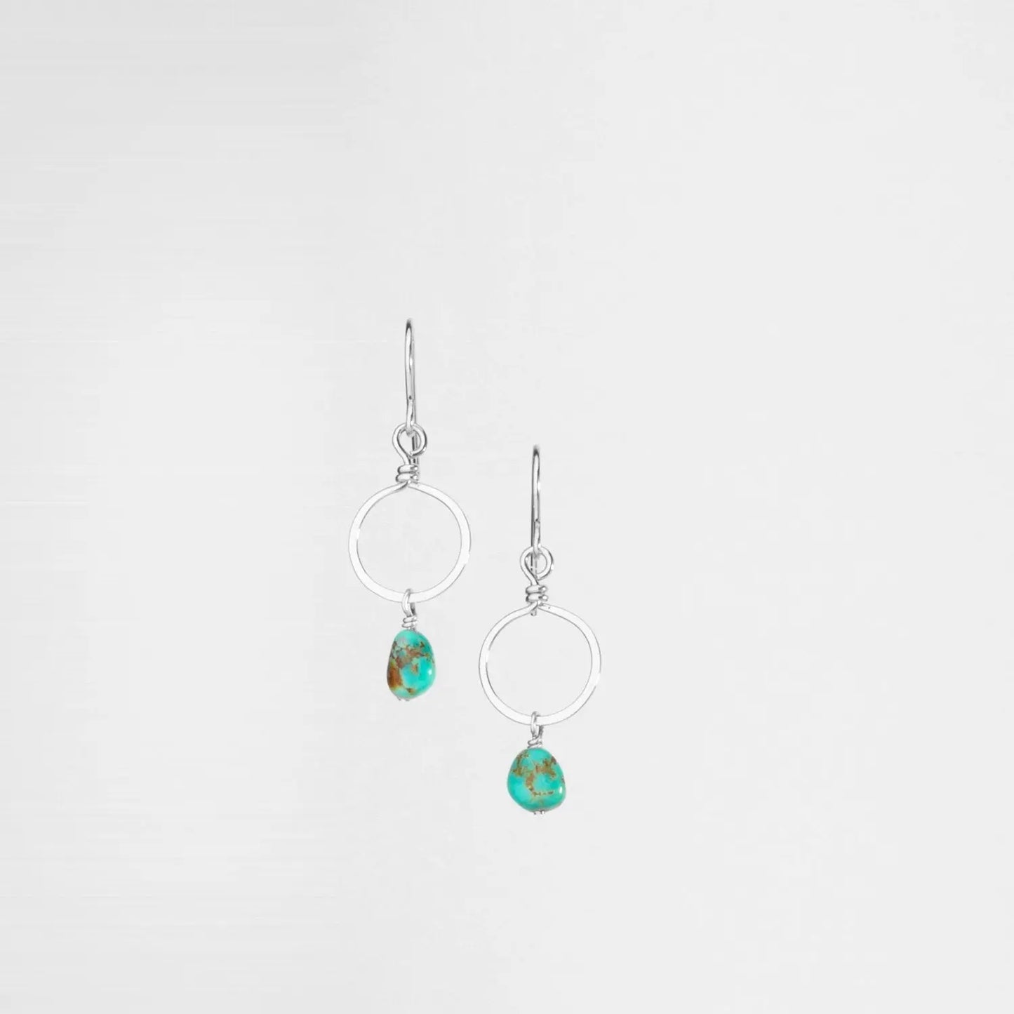Sterling Silver Forged Tiny Circle Earrings with Kingman Turquoise Drop