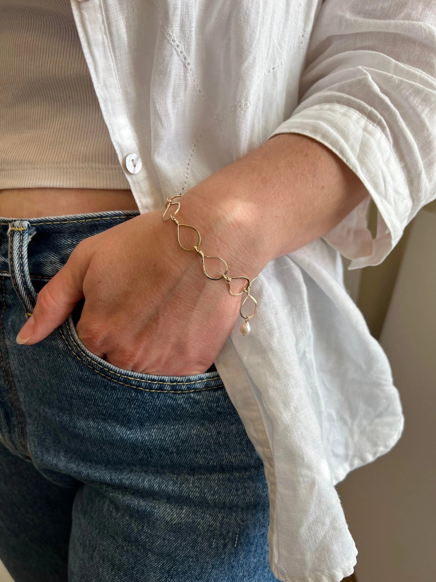 Forged Teardrop Bracelet with Baby Baroque Pearl Drop J. Mills Studio