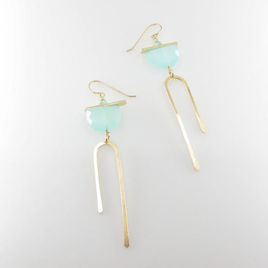 Forged Asymmetrical Arch Earring with Aqua Chalcedony Half-Moon Gemstone J.Mills Studio