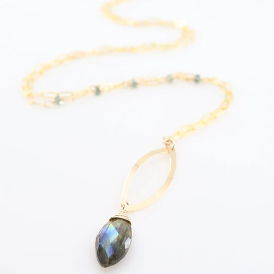 Forged Marquis Pendant Necklace with Labradorite and Australian Sapphire J.Mills Studio