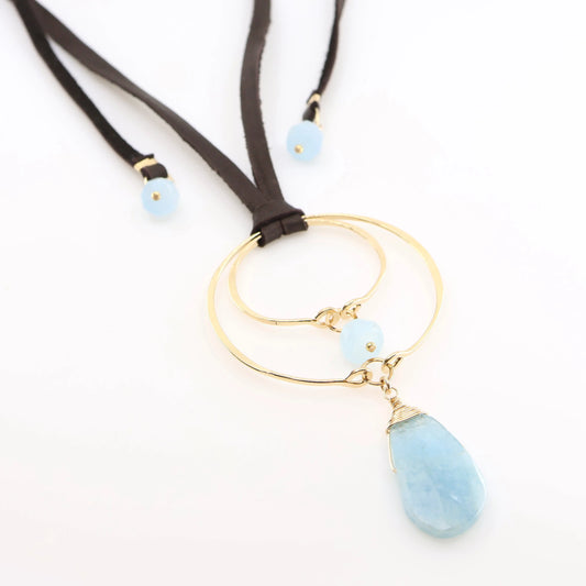 Forged Double Oval & Leather Necklace with Milky Aquamarine J.Mills Studio