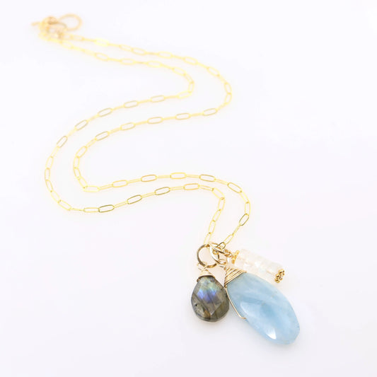 New Milky Aquamarine, Rainbow Moonstone & Labradorite Gemstone Charm Necklace J.Mills Studio