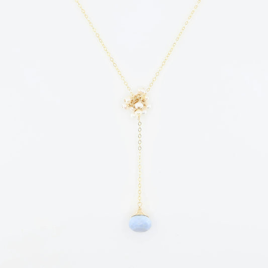 Delicate "Y" Shape Necklace with Mini Pearl Cluster and Blue Opal J.Mills Studio