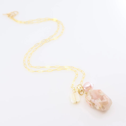 Cherry Blossom Agate, Mother of Pearl & Pink Rice Pearl Gemstone Charm Necklace J.Mills Studio